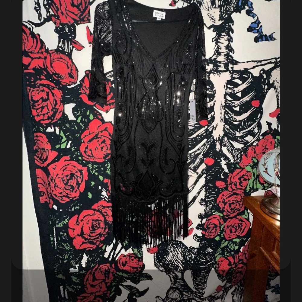 Unique Vintage Black Sequin Fringe Midi Dress
